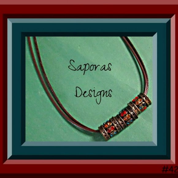 Antique Bronze In Color Necklace With Colorful Rhinestones & Brown Leather Chain - Picture 1 of 1